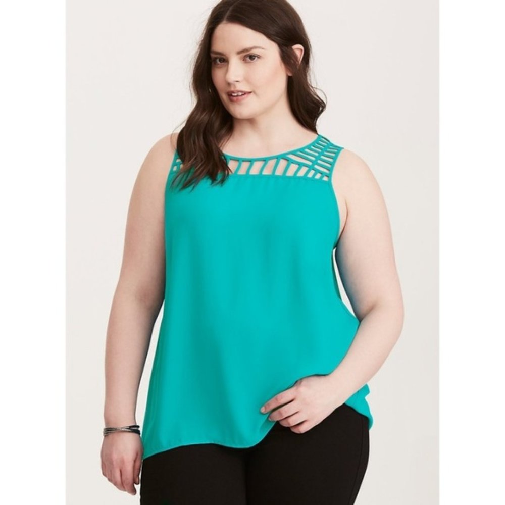 Plus Size Teal Sleeveless Cutout Yoke Top